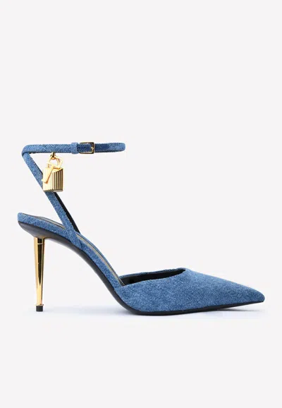 Tom Ford Padlock 85 Pointed Denim Pumps In Blue