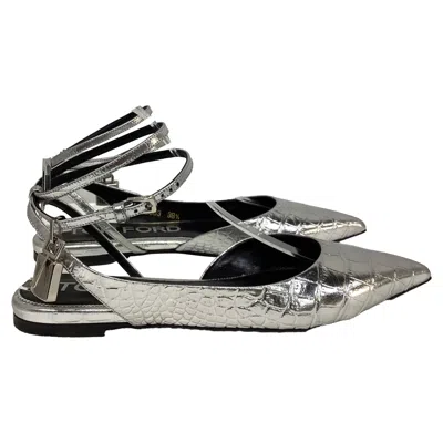 Tom Ford Padlock Croc-embossed Ballet Flats In Silver Leather
