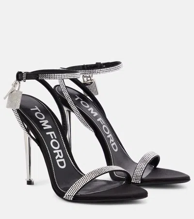 Tom Ford Padlock Embellished Satin Sandals In Black + Crystal