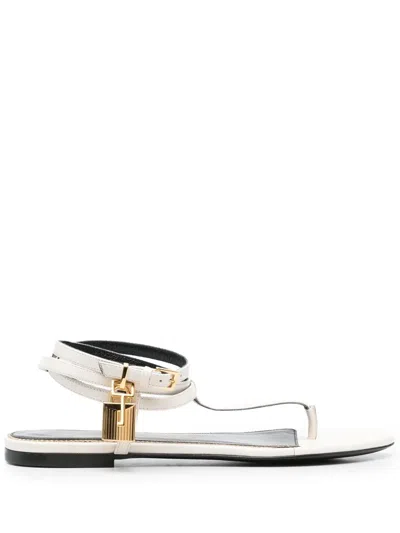 Tom Ford Padlock Leather Flat Sandals In White