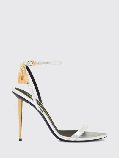 Tom Ford Padlock Gold Laminated Leather Sandals With Stiletto Heel In Multi