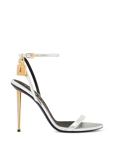 Tom Ford Padlock Leather Heel Sandals In Silver