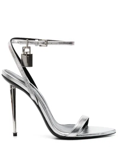 Tom Ford Padlock Leather Heel Sandals In Silver