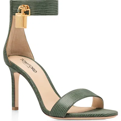 Tom Ford Padlock Lizard Embossed Ankle Strap Sandal In Laurel Green