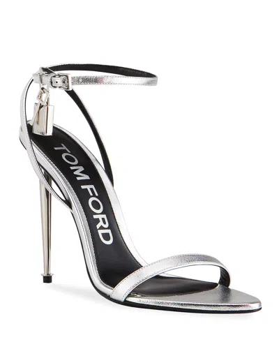 Tom Ford Padlock Metallic Stiletto Sandals In Silver