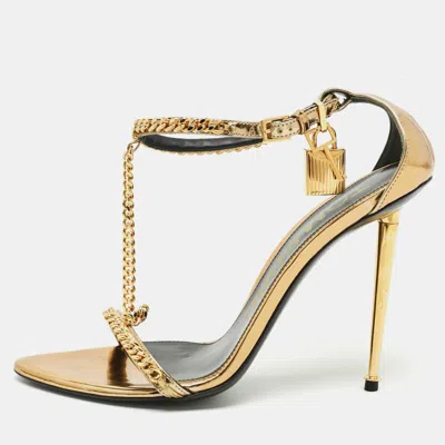 Pre-owned Tom Ford Padlock Size 38.5 Gold Leather Ankle Strap Sandals