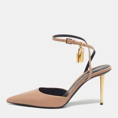Pre-owned Tom Ford Padlock Size 39 Light Brown Leather Pointed Toe Ankle Wrap Pumps In Sand