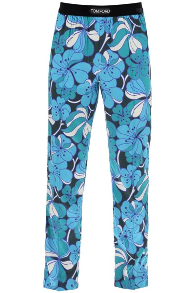 Tom Ford Pyjama Trousers In Floral Silk In Acquamarina Fantasia (blue)