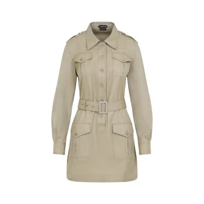 TOM FORD PALE SAGE BEIGE COTTON SAFARI MINI DRESS