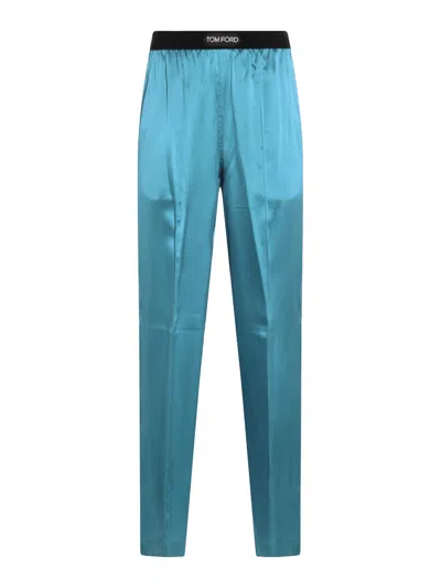 Tom Ford Silk Satin Relaxed Pijama Trousers Waistband In Blue
