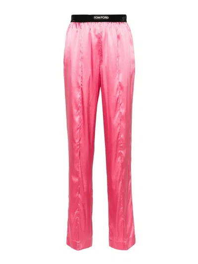 TOM FORD PINK STRETCH SILK SATIN  TROUSERS