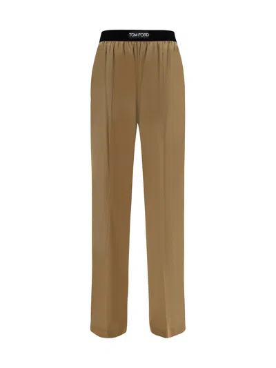 Tom Ford Stretch Silk Satin Straight Pants In Beige