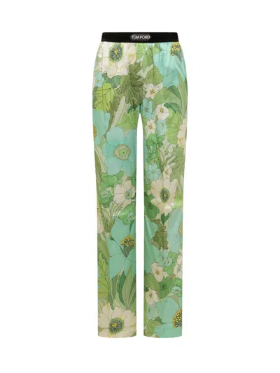 Tom Ford Floral-print Silk-blend Satin Pyjama Pants In Aqua Pale Green