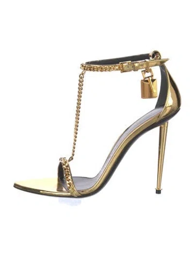 Pre-owned Tom Ford Patent Leather Chain-link Accents T-strap Sandals In Gold