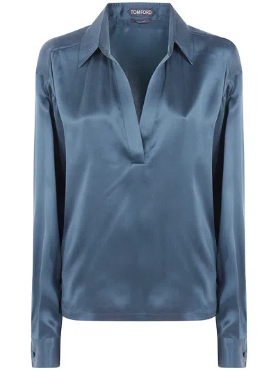 Tom Ford Peach-feel Silk Satin Polo With Tonal Embroidered Logo In Blue