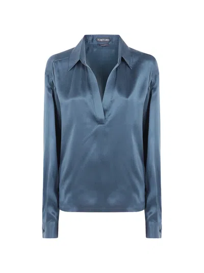 Tom Ford Peach-feel Silk Satin Polo With Tonal Embroidered Logo In Blue