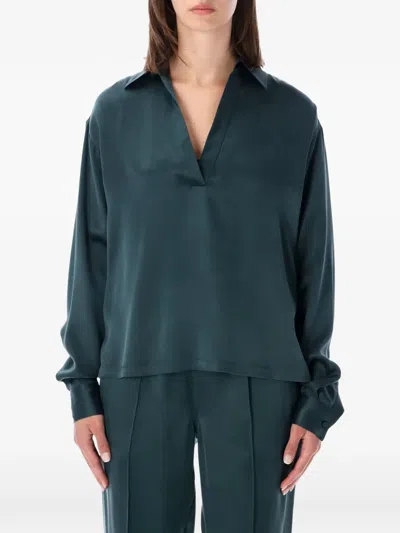 Tom Ford Peach-feel Silk Satin Polo With Tonal Tf Embroidered Logo In Green