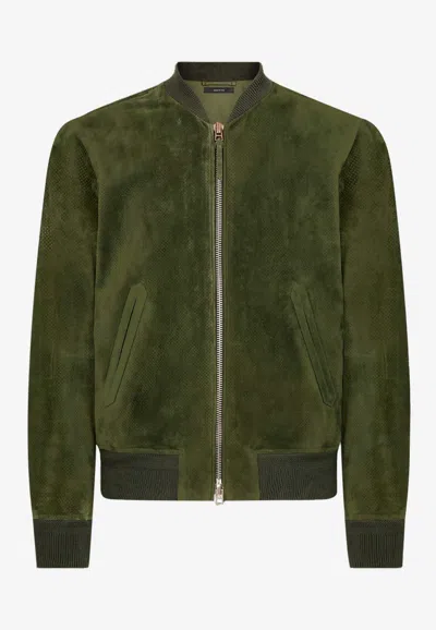 Tom Ford Perforated Cashmere Suede Bomber Jacket In Green