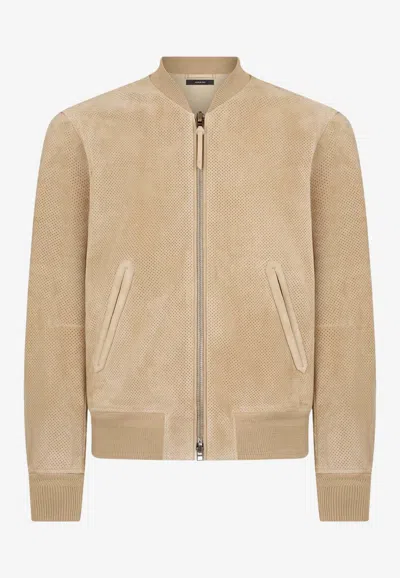 Tom Ford Perforated Cashmere Suede Bomber Jacket In Neutral