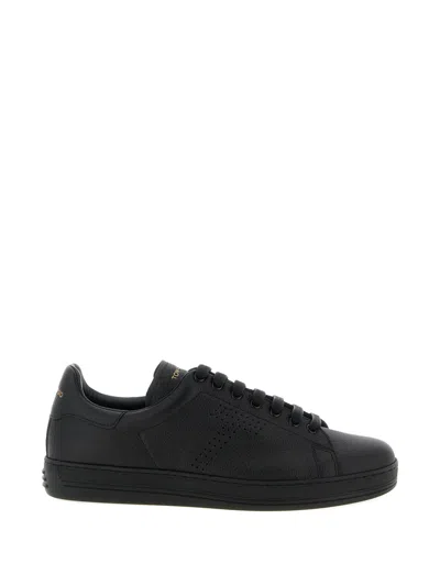 Tom Ford Perforated-logo Leather Sneakers In Black