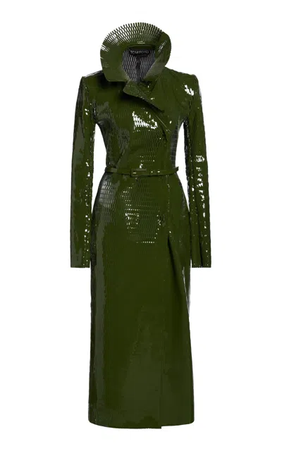 Tom Ford Perforated Patent Leather Trench Coat In Green