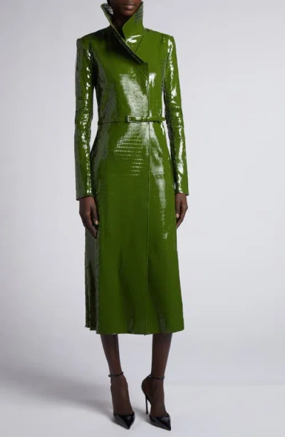 Tom Ford Perforated Patent Leather Trench Coat In Green