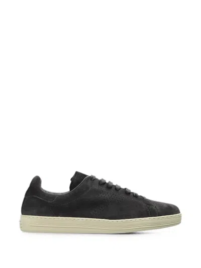 Tom Ford Perforated-logo Suede Sneakers In Black