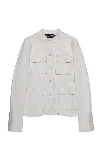 Tom Ford Petite Pocketed Leather Jacket In White