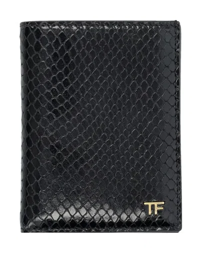 Tom Ford Small Snake Embossed Leather Folding Cardholder In Black