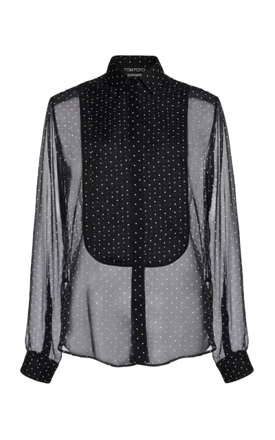 Tom Ford Pigment-printed Polka-dot Silk Chiffon Tuxedo Shirt In Black