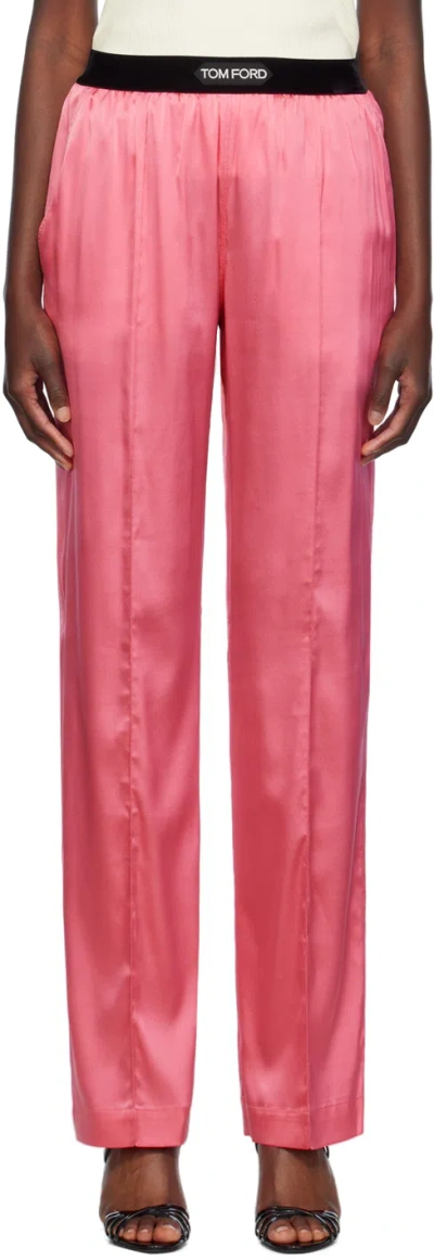 Tom Ford Jacquard-trimmed Stretch-silk Satin Wide-leg Pants In Pink