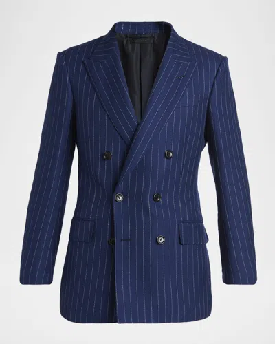 Tom Ford Pinstripe Wool/linen/silk Double-breasted Blazer In Blue