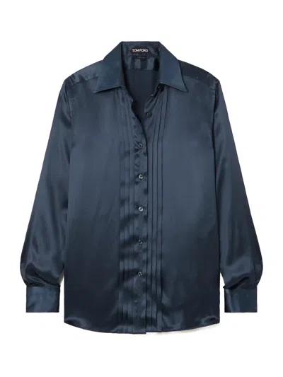 Tom Ford Pintuck-detail Silk Shirt In Blue