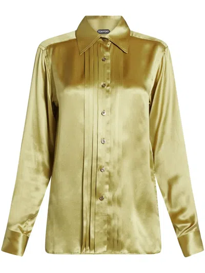 Tom Ford Pintuck-detail Silk Shirt In Grün