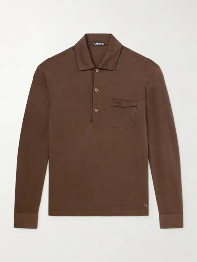 Tom Ford Chocolate Piquet Polo Shirt In Silk-cotton Blend In Brown