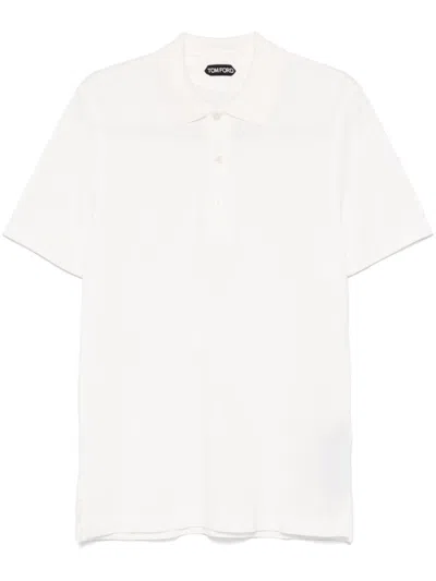 Tom Ford Textured White Pique Polo With Collared Neckline