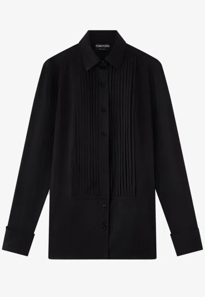 Tom Ford Plastron Pleated Shirt In Lyocell And Silk In Black