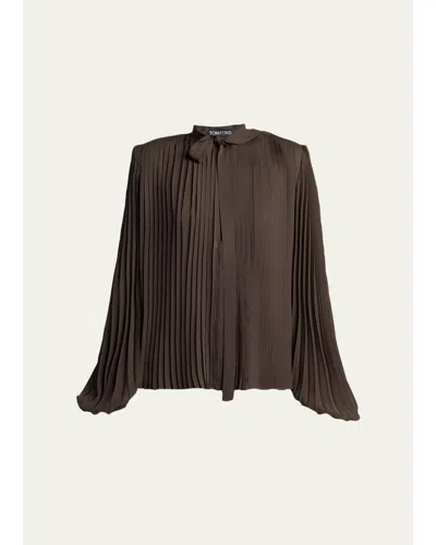 Tom Ford Pleated Balloon-sleeve Neck-scarf Blouse In Brown