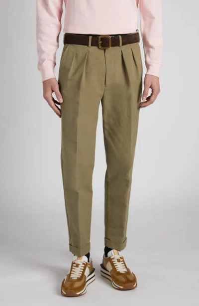 Tom Ford Pleated Cotton Sateen Pants In Olive