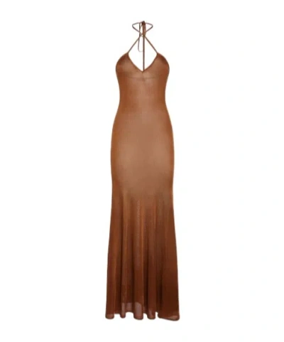 Tom Ford Slinky Viscose Jersey Knit Halterneck Maxi Dress In Brown