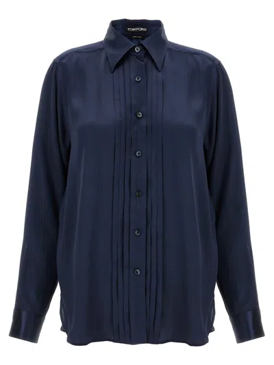 Tom Ford Pleated Plastron Shirt In Blue