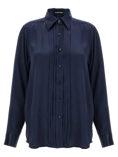 Tom Ford Pleated Silk Shirt In Blue