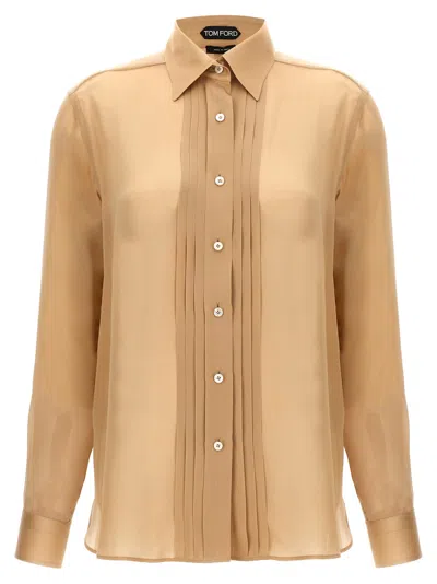 Tom Ford Pleated Detail Shirt In Soft Beige