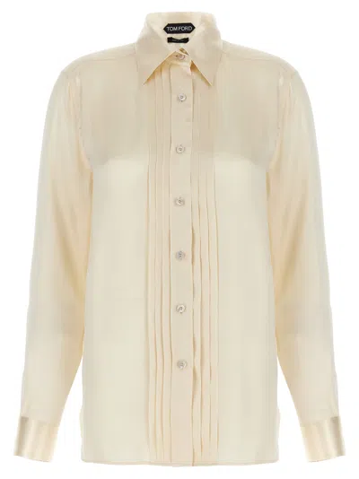 Tom Ford Pleated Plastron Shirt In White