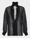 Tom Ford Pleated Puff Sleeve Blouse With Ruffle Trim In Black