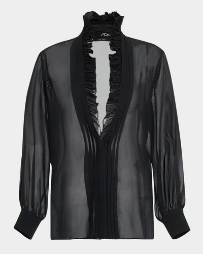 Tom Ford Pleated Puff Sleeve Blouse With Ruffle Trim In Black