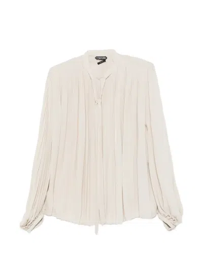 Tom Ford Pleated Pussy-bow Shirt In 뉴트럴