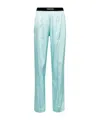 Tom Ford Jacquard-trimmed Stretch-silk Satin Wide-leg Pants In Blue