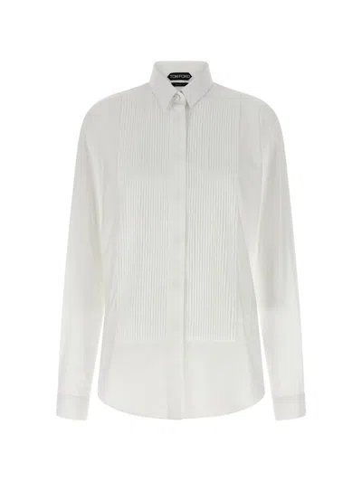 Tom Ford Collared Long Sleeve Cotton Voile Shirt In White