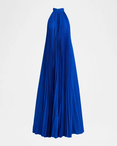 Tom Ford Pleated Silk Crepe De Chine Backless Halter Gown In Blue